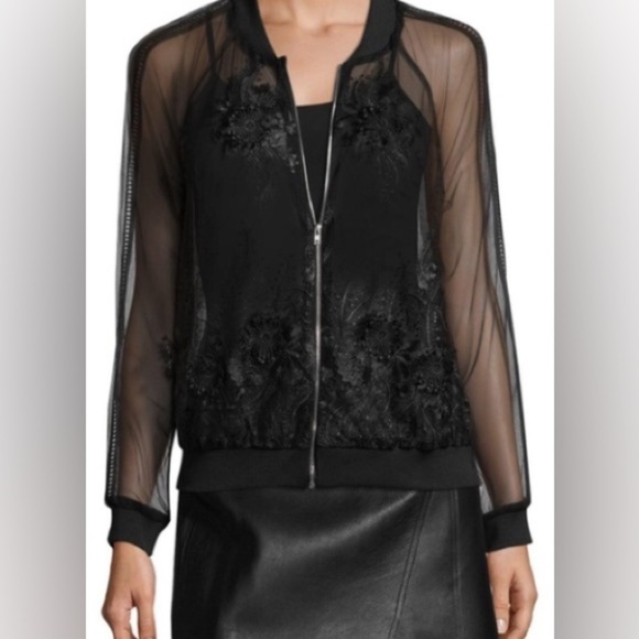 Endless Rose Black Sheer Tulle Embroidered Long Sleeve Bomber Jacket NWT - Picture 1 of 13